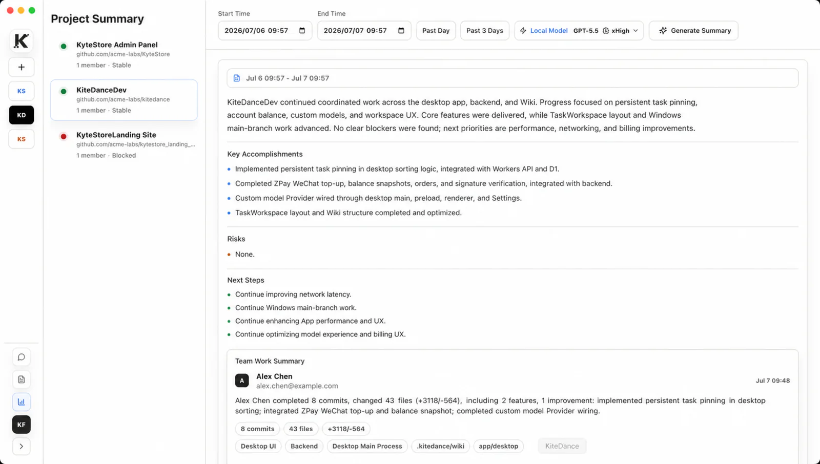 KiteCoding English project summary showing key accomplishments, risks, next steps, and team work