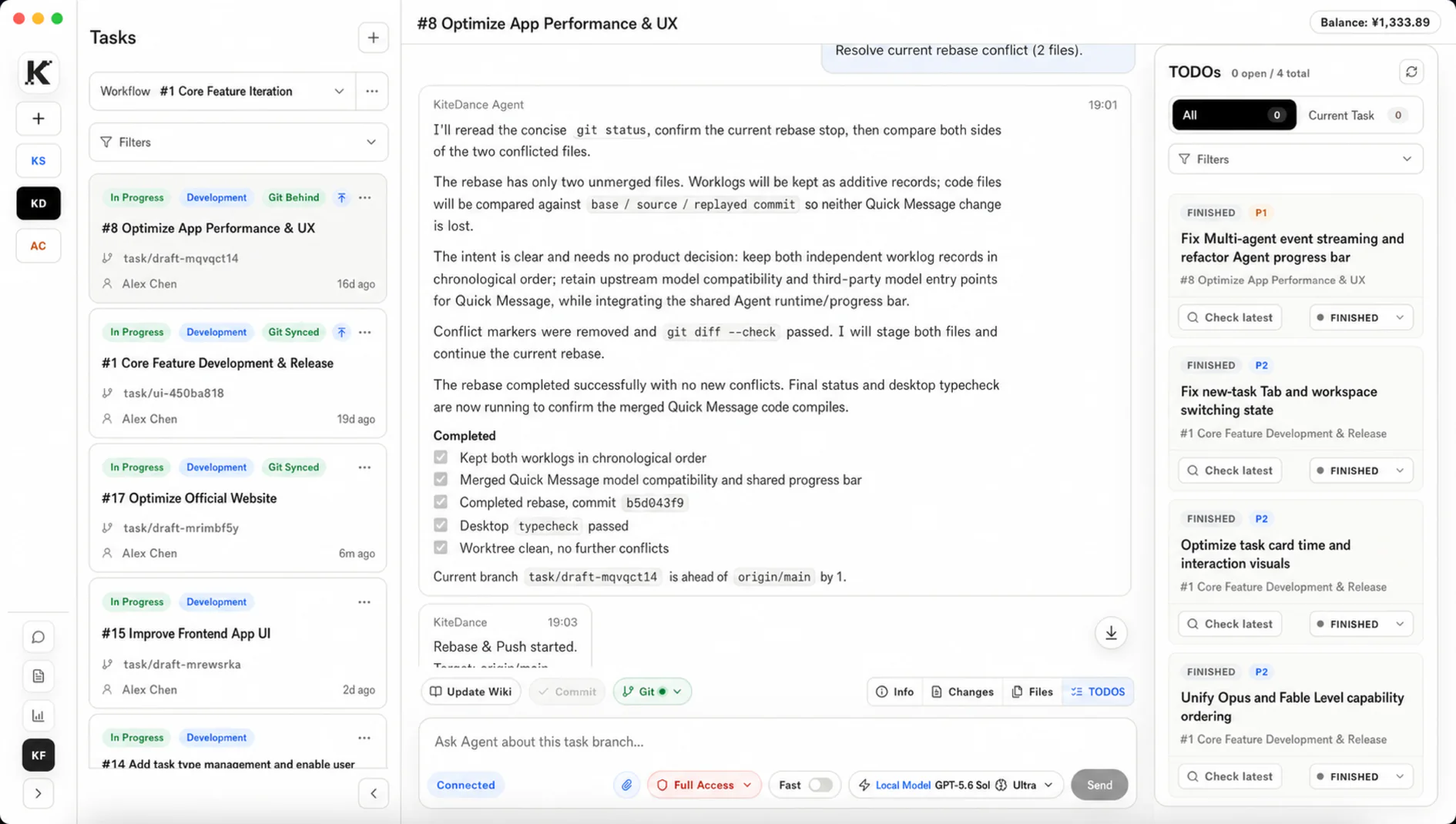 KiteCoding English team workspace showing task cards, Agent conversation, Git status, and shared TODOs
